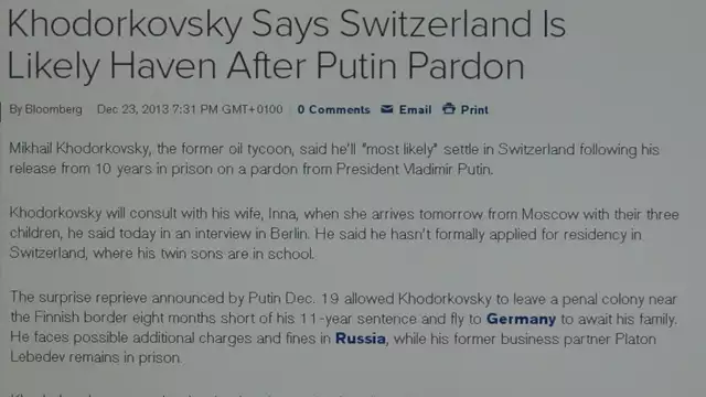 Khodorkovsky Thanks Swiss Justice Department for taking Good Care of his Money in Switzerland